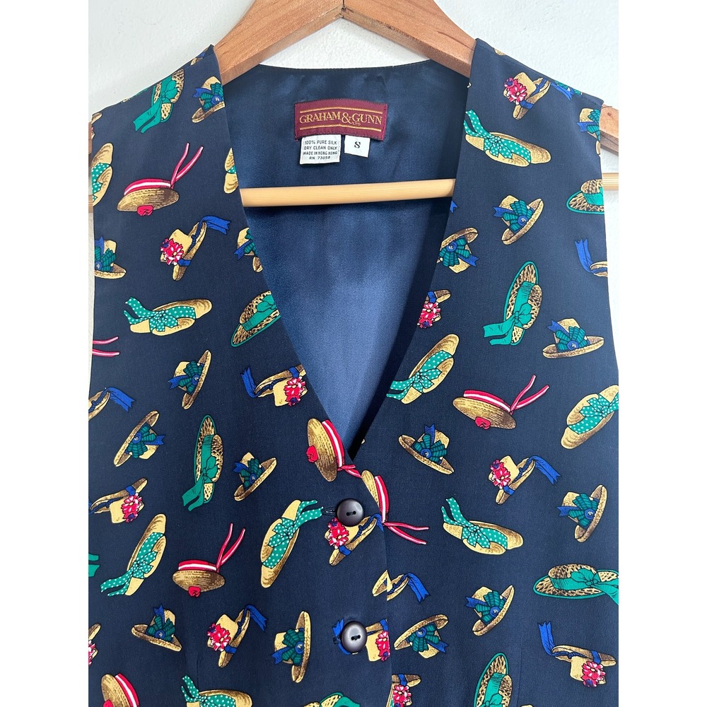 Graham & Gunn Vintage Silk Vest Navy Blue Novelty Hat Print Waistcoat Sz Small - Picture 2 of 7